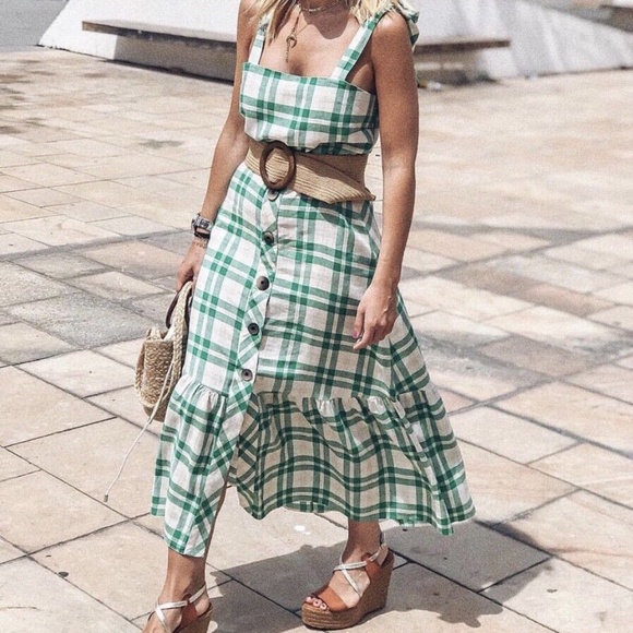 Zara Green Checkered Plaid Maxi dress XS - Picture 3 of 6